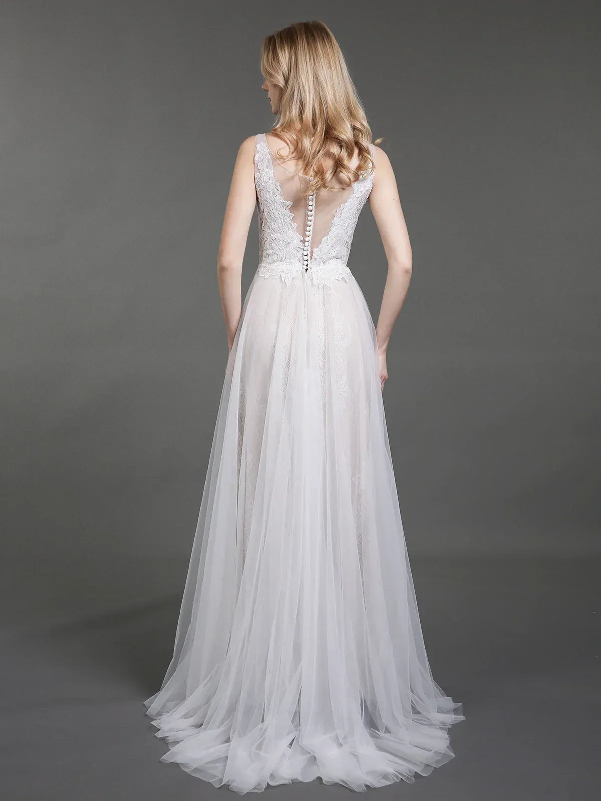 Delicate A-Line Plunging-Neck Sleeveless Floor-Length Wedding Dress