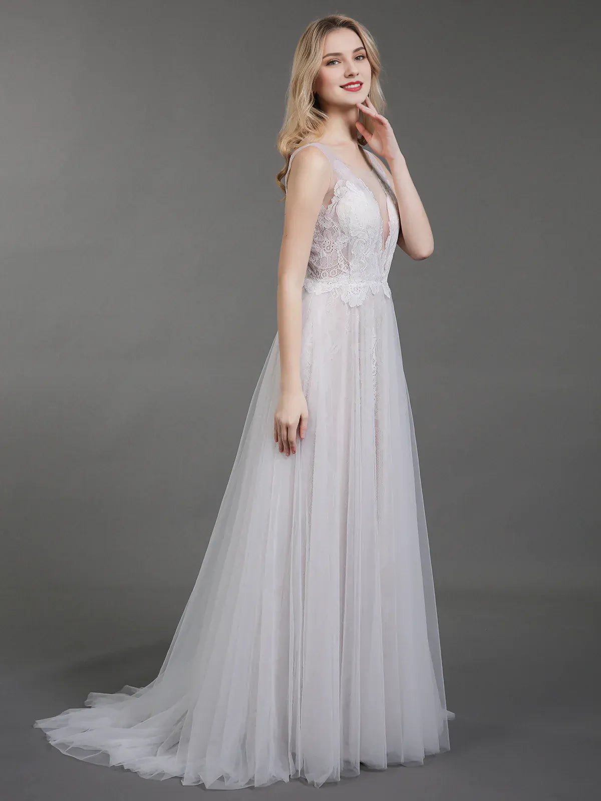 Delicate A-Line Plunging-Neck Sleeveless Floor-Length Wedding Dress