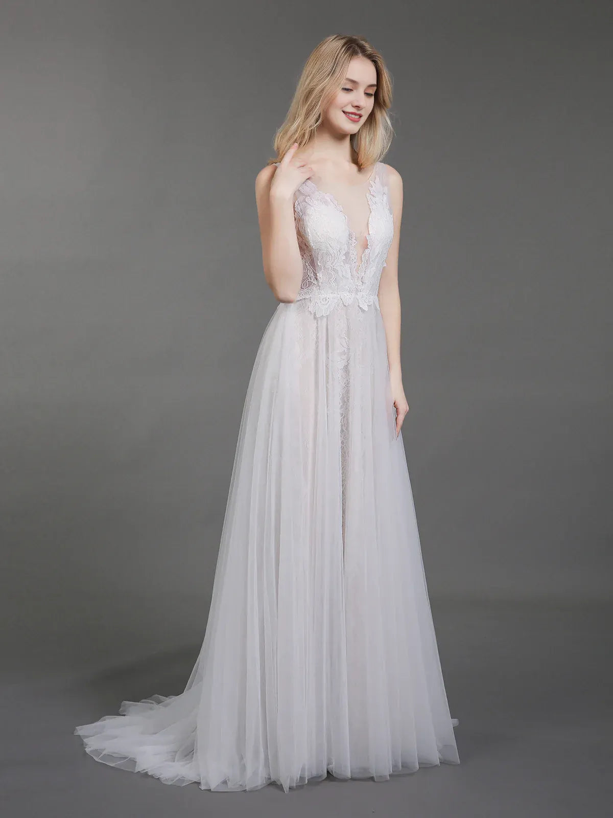 Delicate A-Line Plunging-Neck Sleeveless Floor-Length Wedding Dress