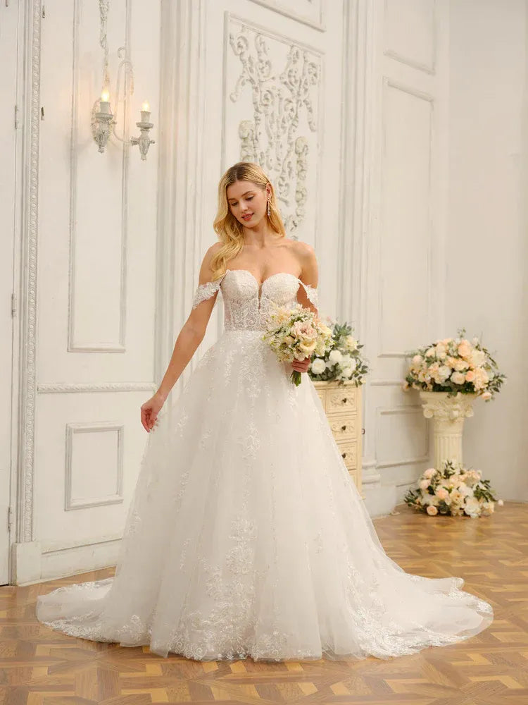 Dreamy A-Line Sweetheart-Neck Off-the-Shoulder Floor-Length Wedding Dress