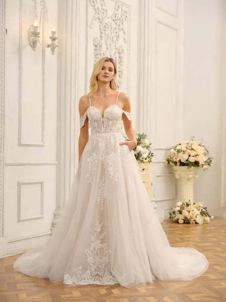 Dreamy A-Line Sweetheart-Neck Off-the-Shoulder Floor-Length Wedding Dress