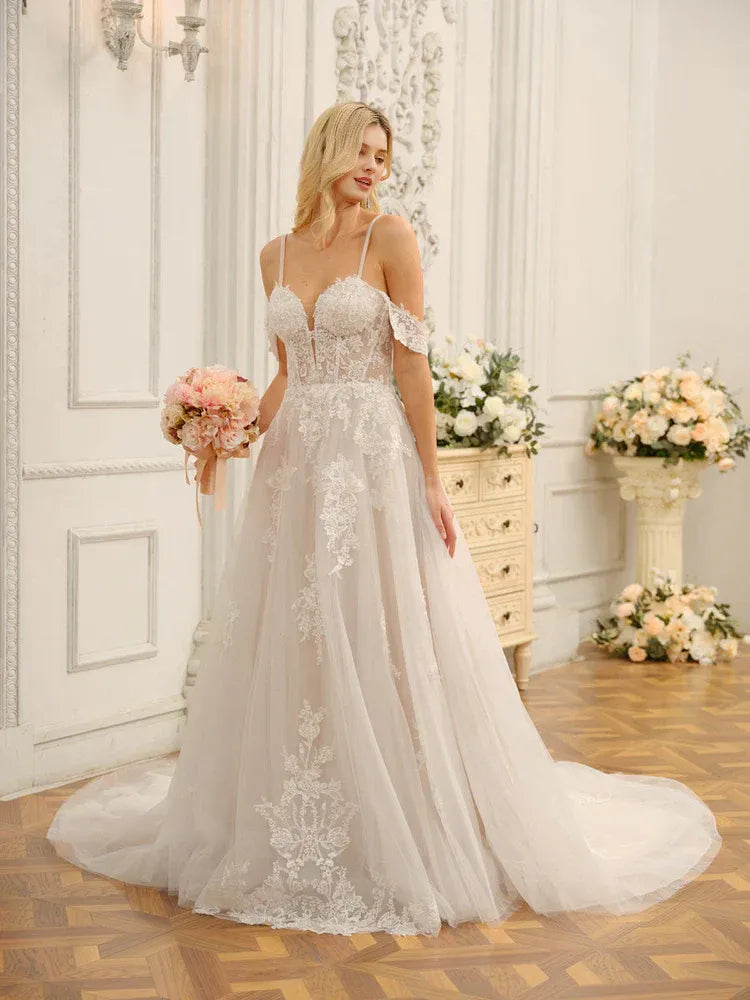 Dreamy A-Line Sweetheart-Neck Off-the-Shoulder Floor-Length Wedding Dress