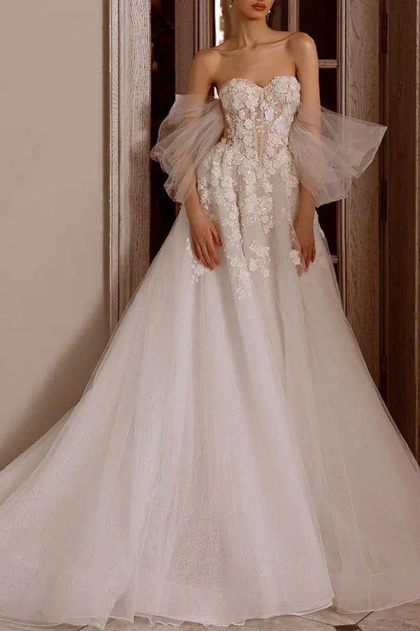 Dreamy Off-the-Shoulder Puff-Sleeve A-Line Floor-Length Wedding Dress