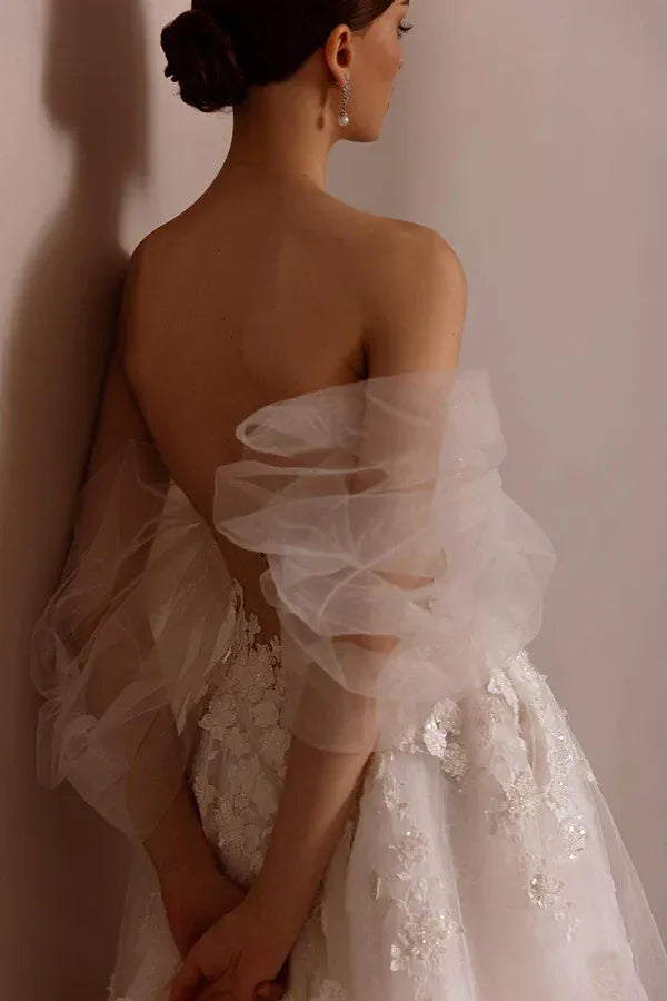 Dreamy Off-the-Shoulder Puff-Sleeve A-Line Floor-Length Wedding Dress