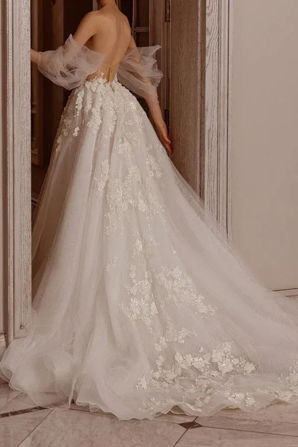 Dreamy Off-the-Shoulder Puff-Sleeve A-Line Floor-Length Wedding Dress