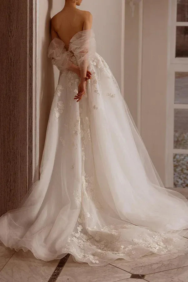 Dreamy Off-the-Shoulder Puff-Sleeve A-Line Floor-Length Wedding Dress