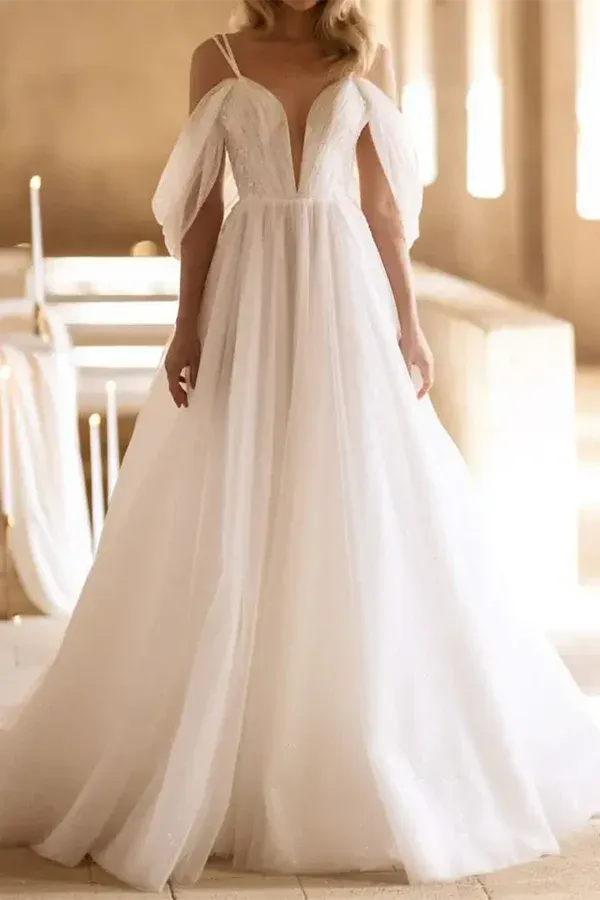Dreamy Plunging V-Neck Off-the-Shoulder A-Line Floor-Length Wedding Dress