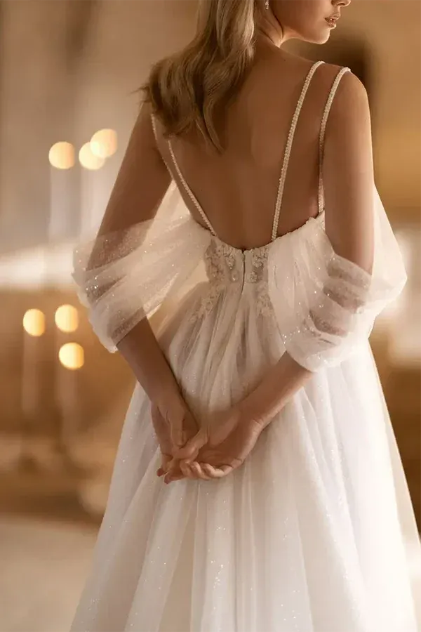 Dreamy Plunging V-Neck Off-the-Shoulder A-Line Floor-Length Wedding Dress