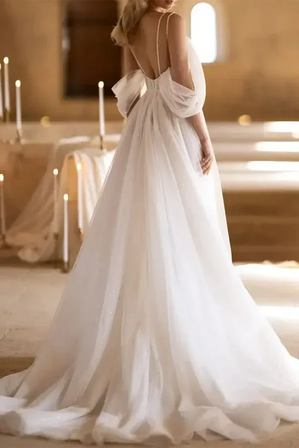 Dreamy Plunging V-Neck Off-the-Shoulder A-Line Floor-Length Wedding Dress