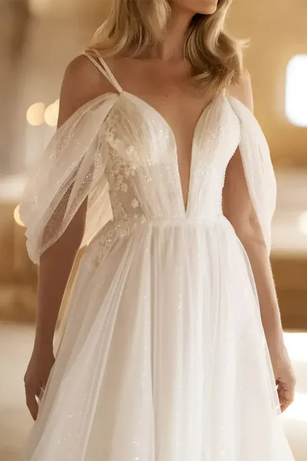 Dreamy Plunging V-Neck Off-the-Shoulder A-Line Floor-Length Wedding Dress