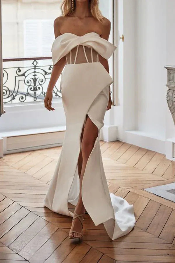 Edgy Off-the-Shoulder Short-Sleeve Mermaid Floor-Length Wedding Dress