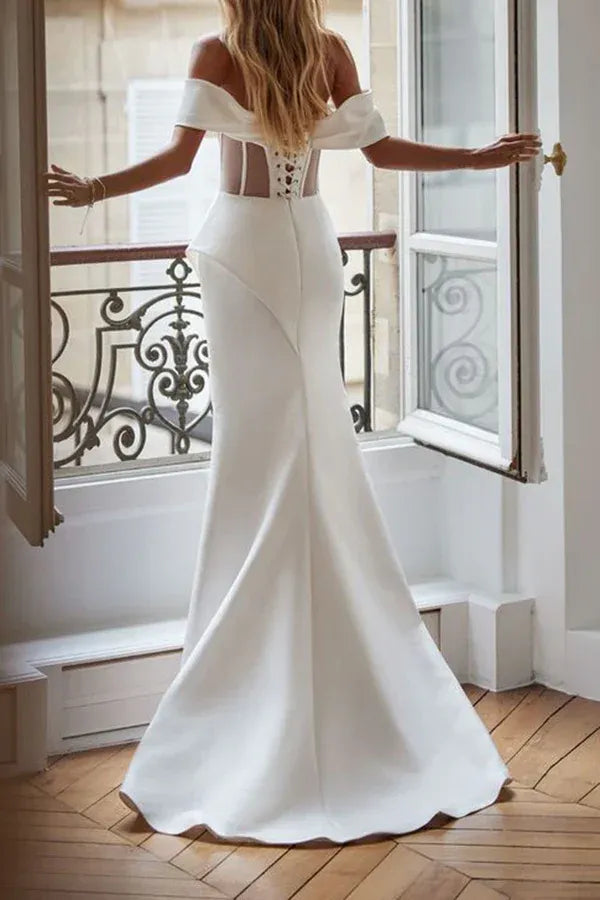 Edgy Off-the-Shoulder Short-Sleeve Mermaid Floor-Length Wedding Dress
