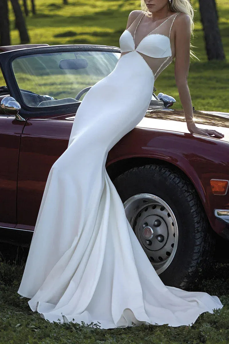 Edgy Plunging Sweetheart Spaghetti-Strap Mermaid Floor-Length Wedding Dress