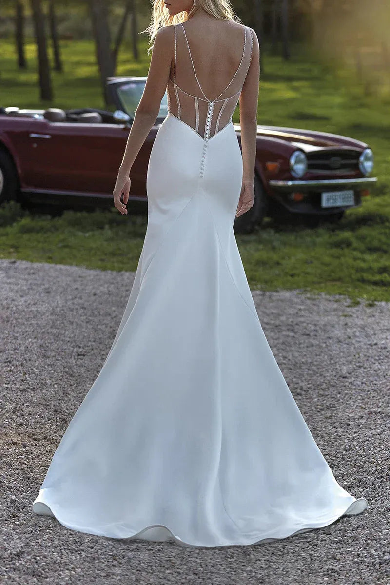 Edgy Plunging Sweetheart Spaghetti-Strap Mermaid Floor-Length Wedding Dress