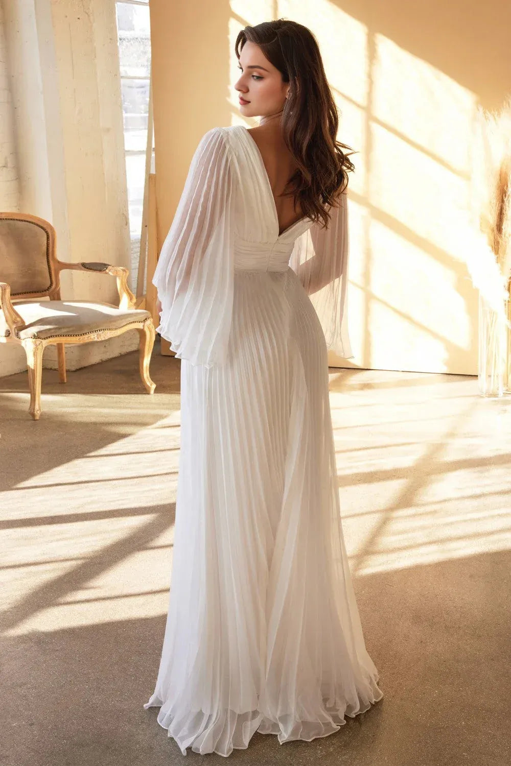 Effortless A-Line Plunge-Neck Flare-Sleeve Floor-Length Wedding Dress