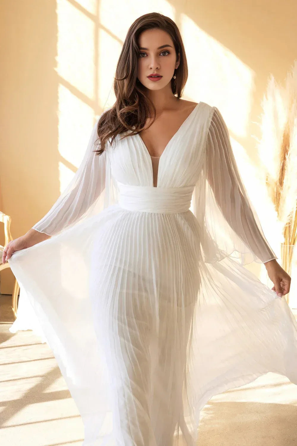 Effortless A-Line Plunge-Neck Flare-Sleeve Floor-Length Wedding Dress