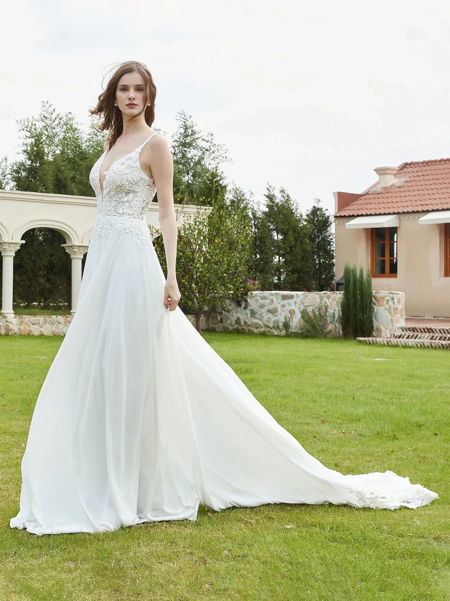 Effortless A-Line Plunging-Neck Spaghetti-Strap Floor-Length Wedding Dress