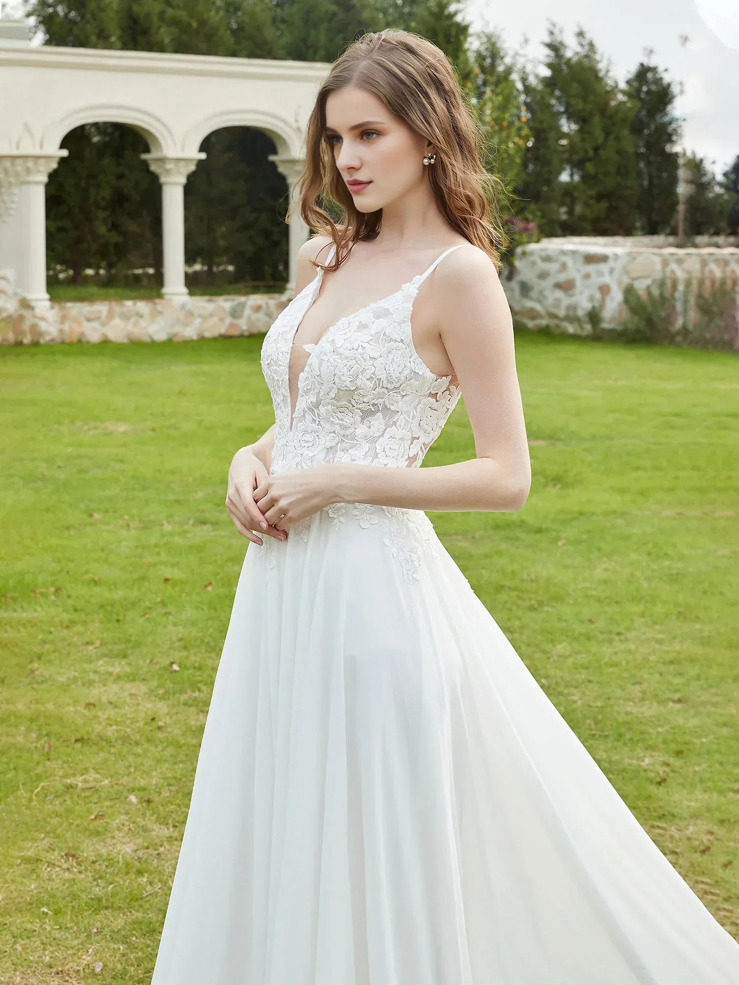 Effortless A-Line Plunging-Neck Spaghetti-Strap Floor-Length Wedding Dress