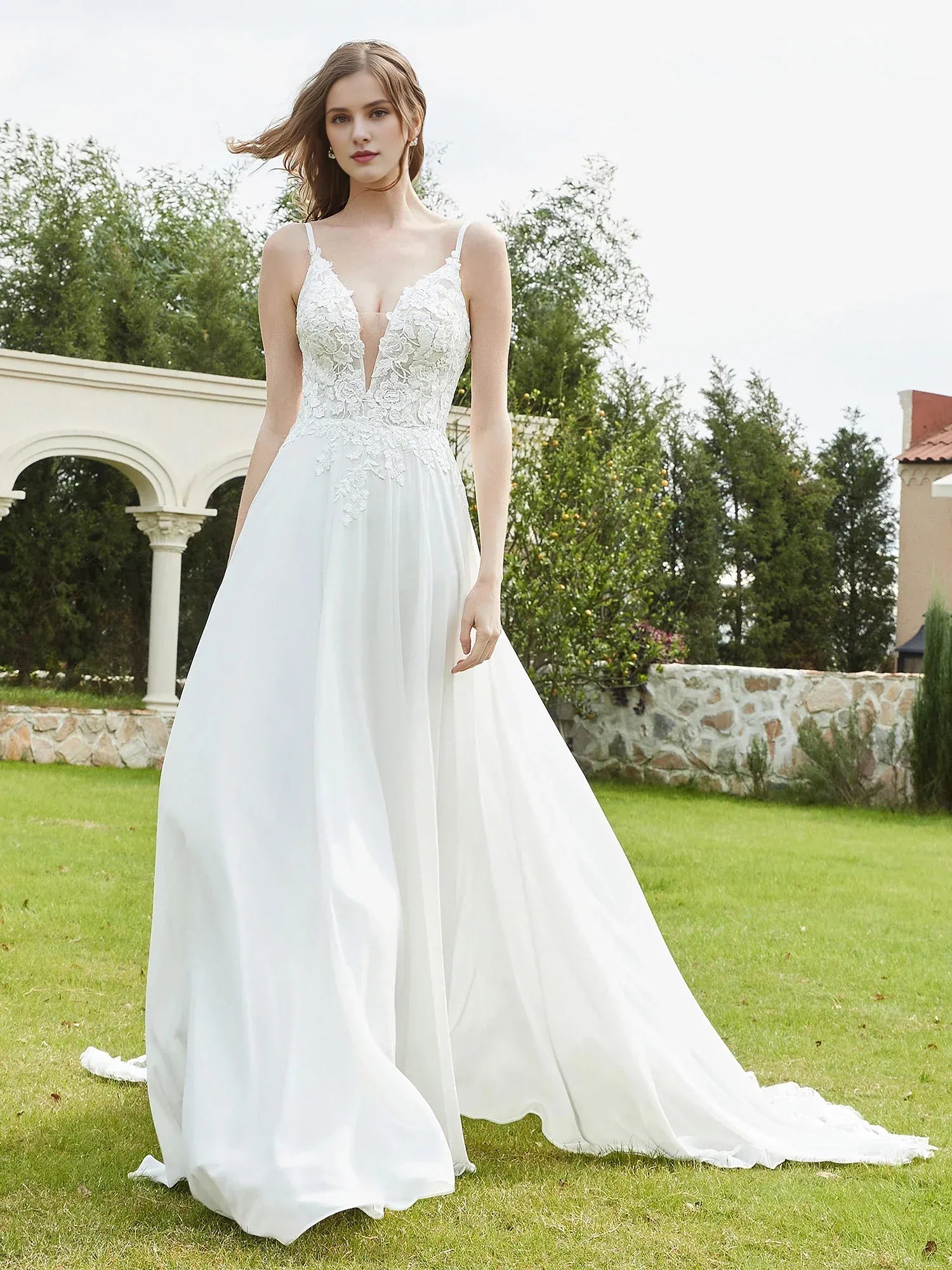 Effortless A-Line Plunging-Neck Spaghetti-Strap Floor-Length Wedding Dress