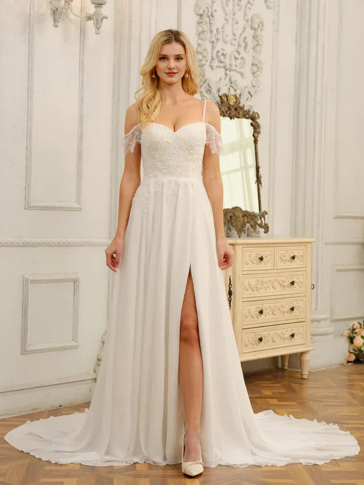 Effortless A-Line Sweetheart-Neck Off-the-Shoulder Floor-Length Wedding Dress