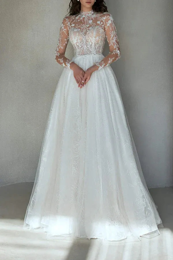 Elegant High-Neck Long-Sleeve A-Line Floor-Length Wedding Dress