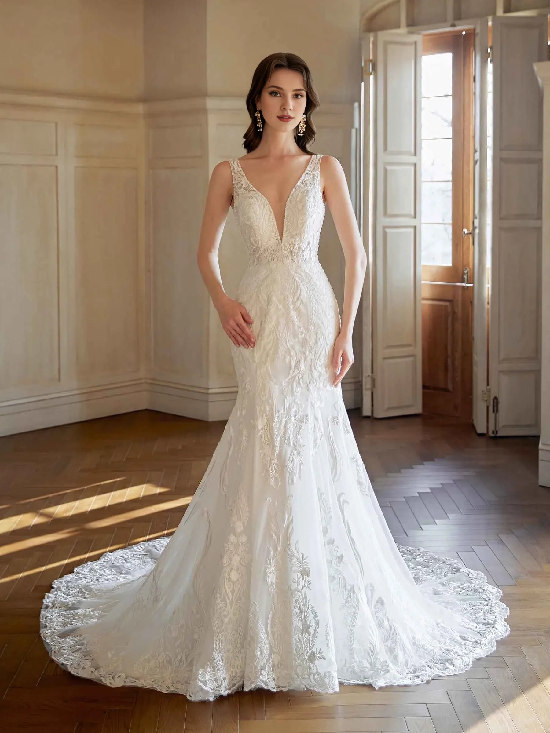 Elegant Mermaid Plunge-Neck Sleeveless Floor-Length Wedding Dress