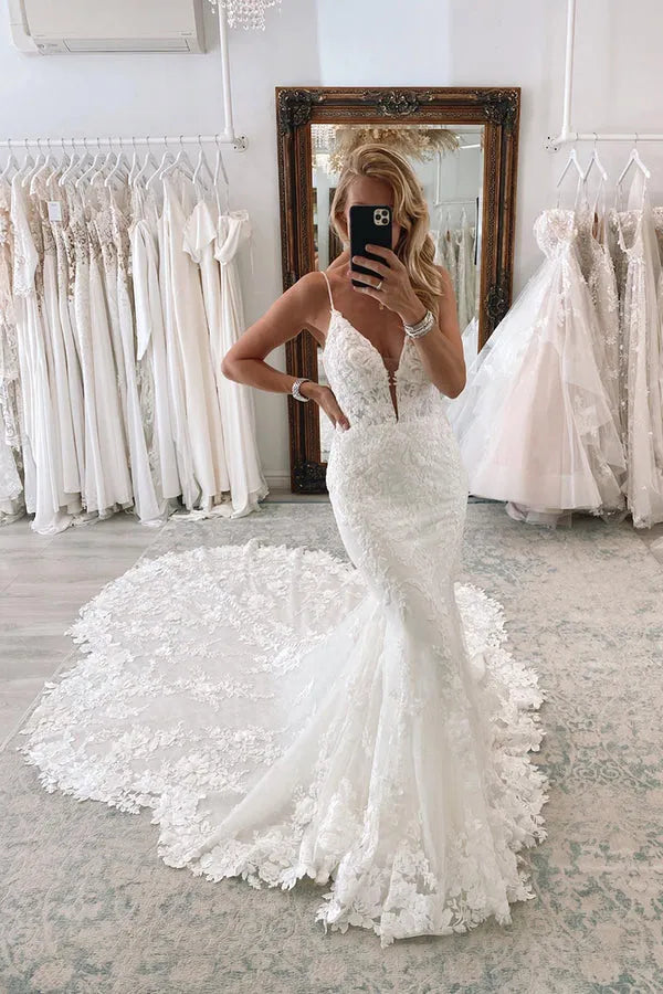 Elegant Plunging V-Neck Spaghetti-Strap Mermaid Floor-Length Wedding Dress
