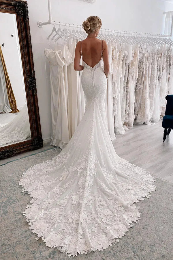 Elegant Plunging V-Neck Spaghetti-Strap Mermaid Floor-Length Wedding Dress
