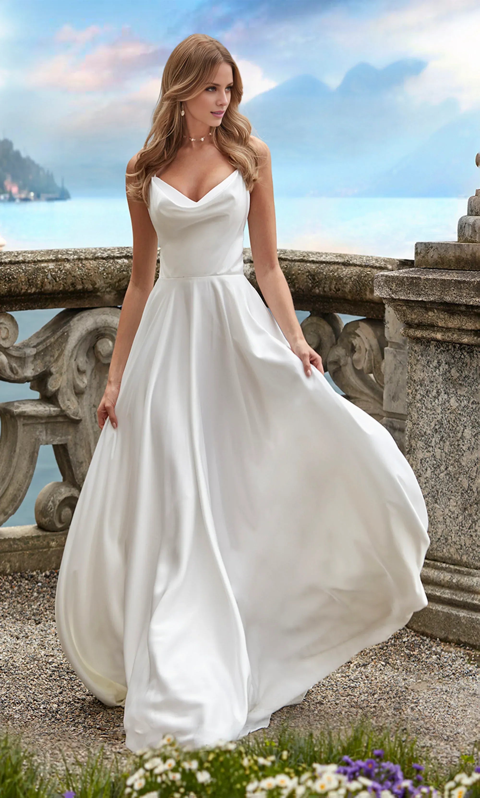 Elegant Satin A Line Cowl Neck Spaghetti Strap Low Back Train Wedding Dress
