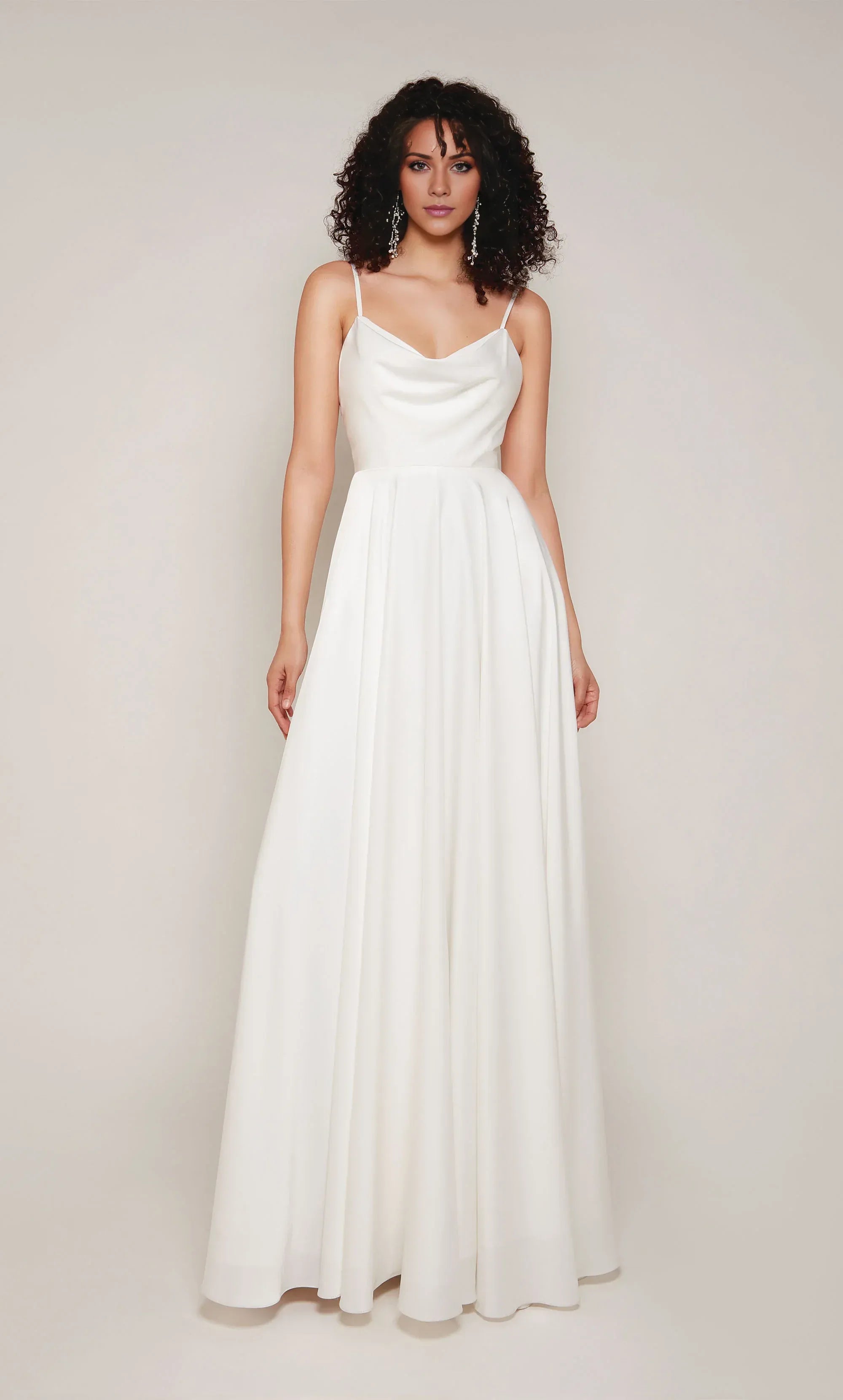 Elegant Satin A Line Cowl Neck Spaghetti Strap Low Back Train Wedding Dress