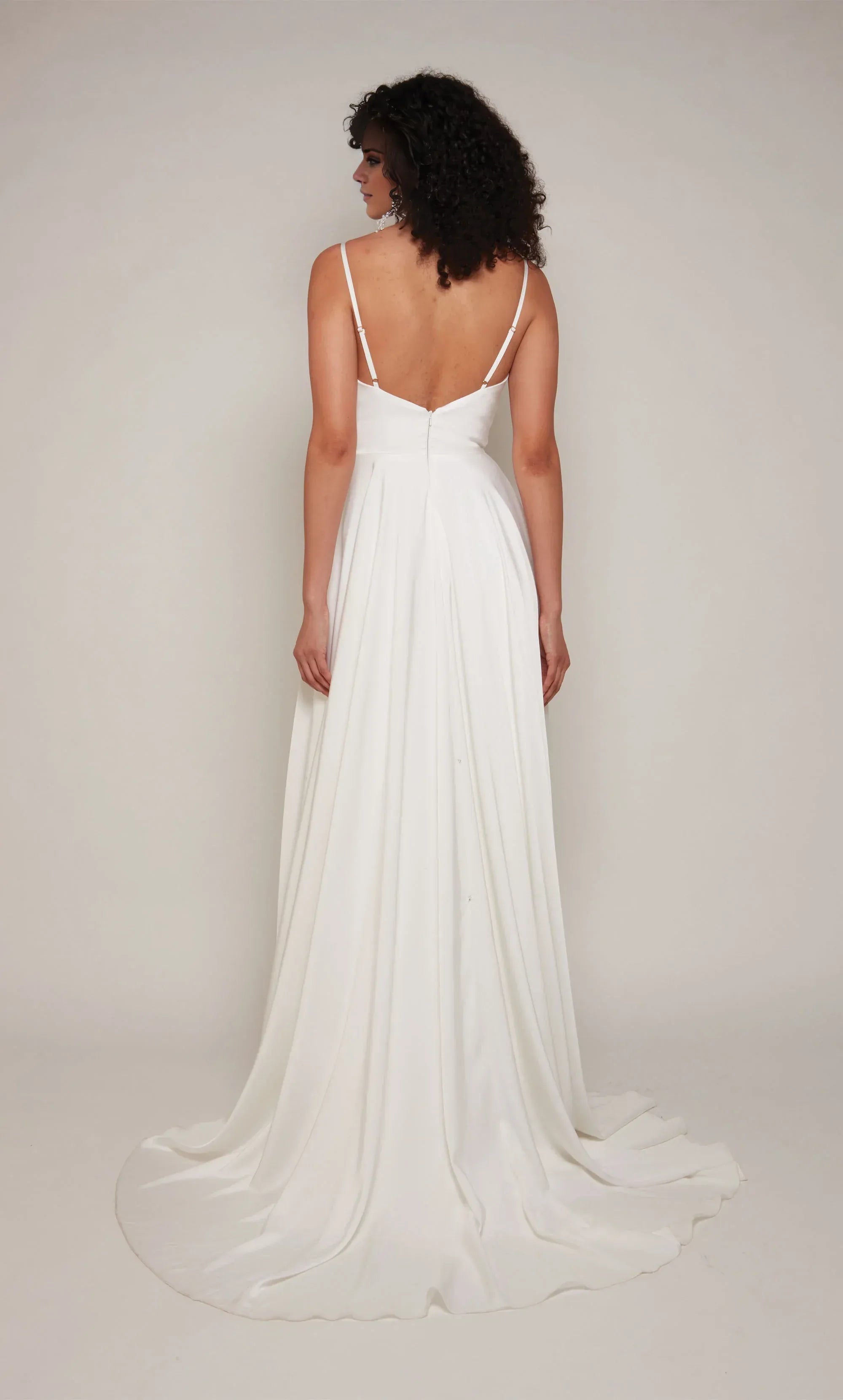 Elegant Satin A Line Cowl Neck Spaghetti Strap Low Back Train Wedding Dress
