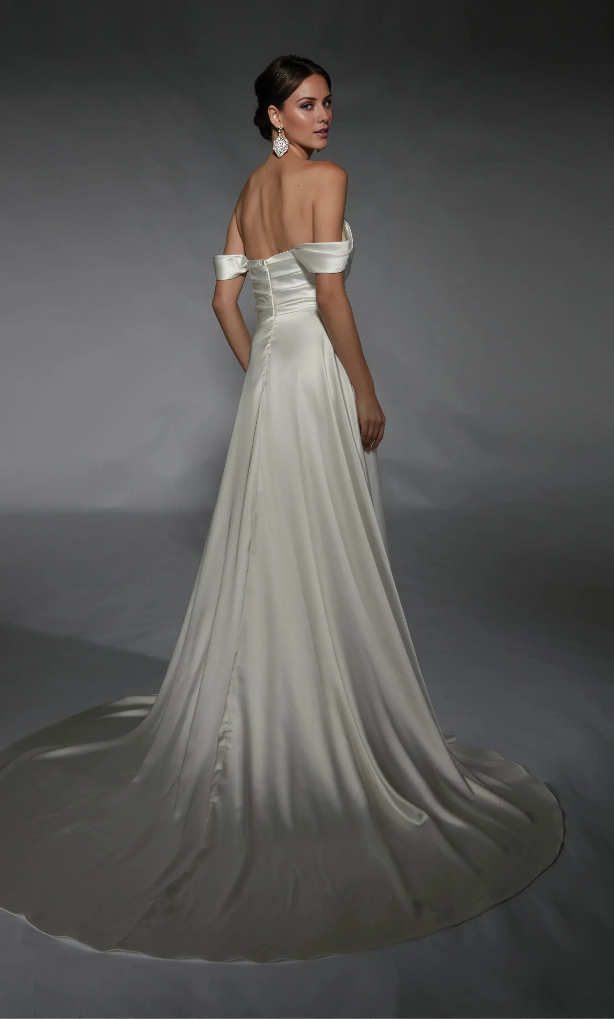 Elegant Satin A Line Off Shoulder Draped Slit Train Wedding Dress