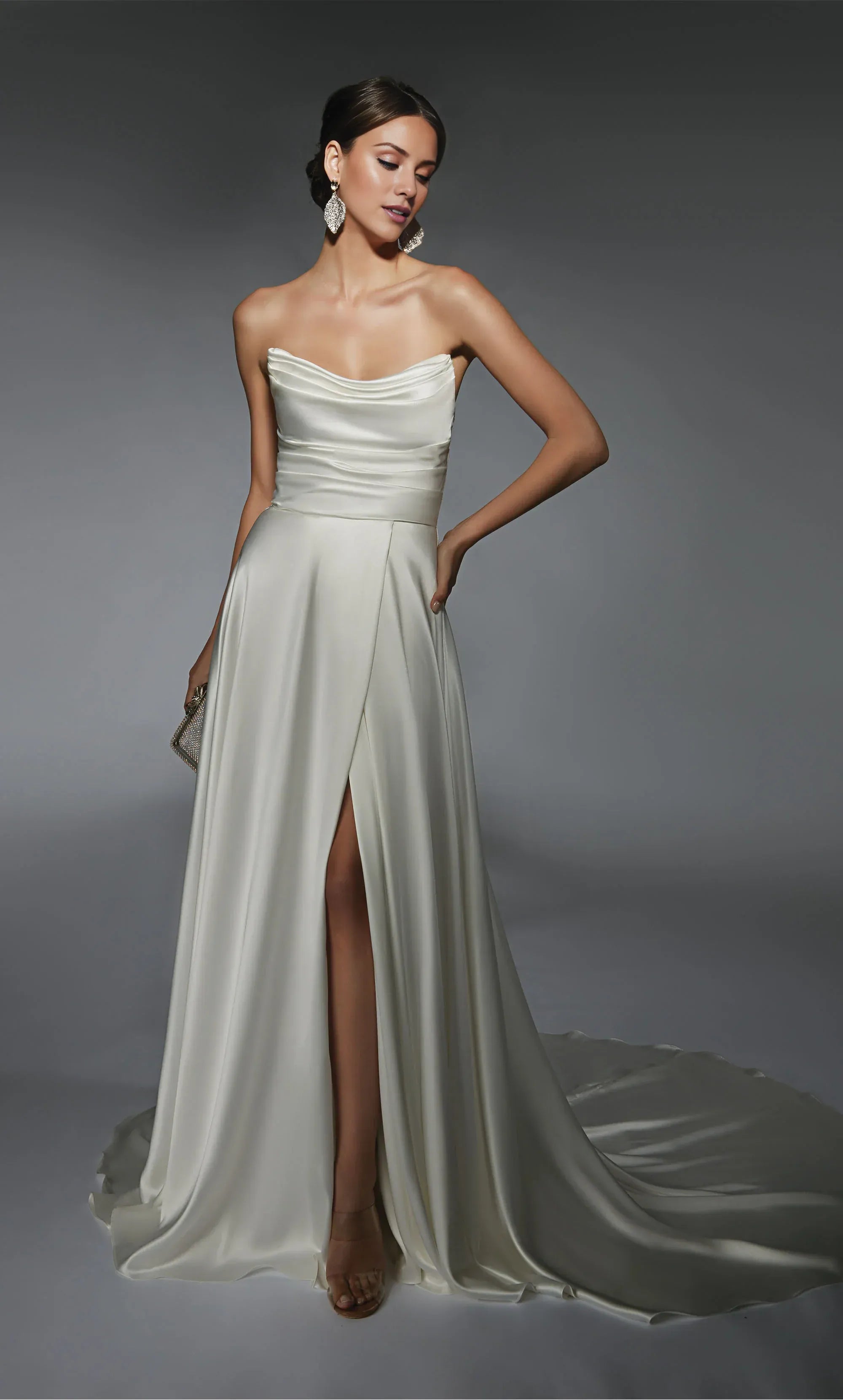 Elegant Satin A Line Off Shoulder Draped Slit Train Wedding Dress