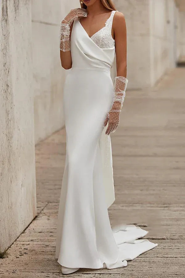 Elegant Satin Lace V-Neck Mermaid Floor-Length Wedding Dress