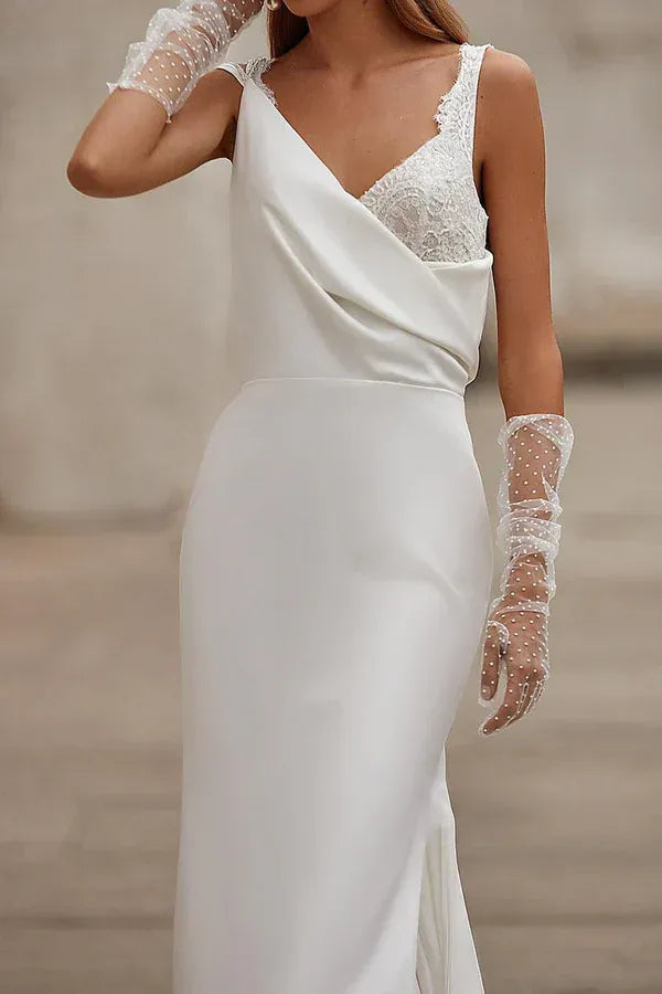 Elegant Satin Lace V-Neck Mermaid Floor-Length Wedding Dress
