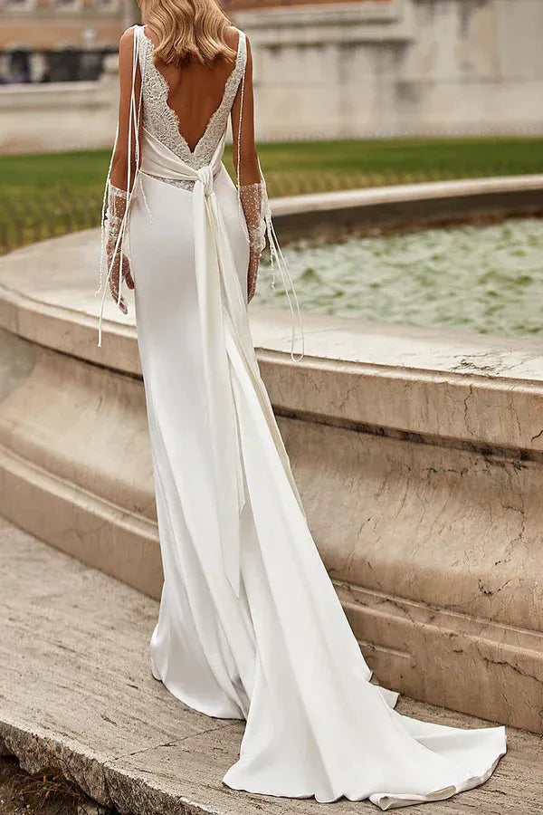 Elegant Satin Lace V-Neck Mermaid Floor-Length Wedding Dress