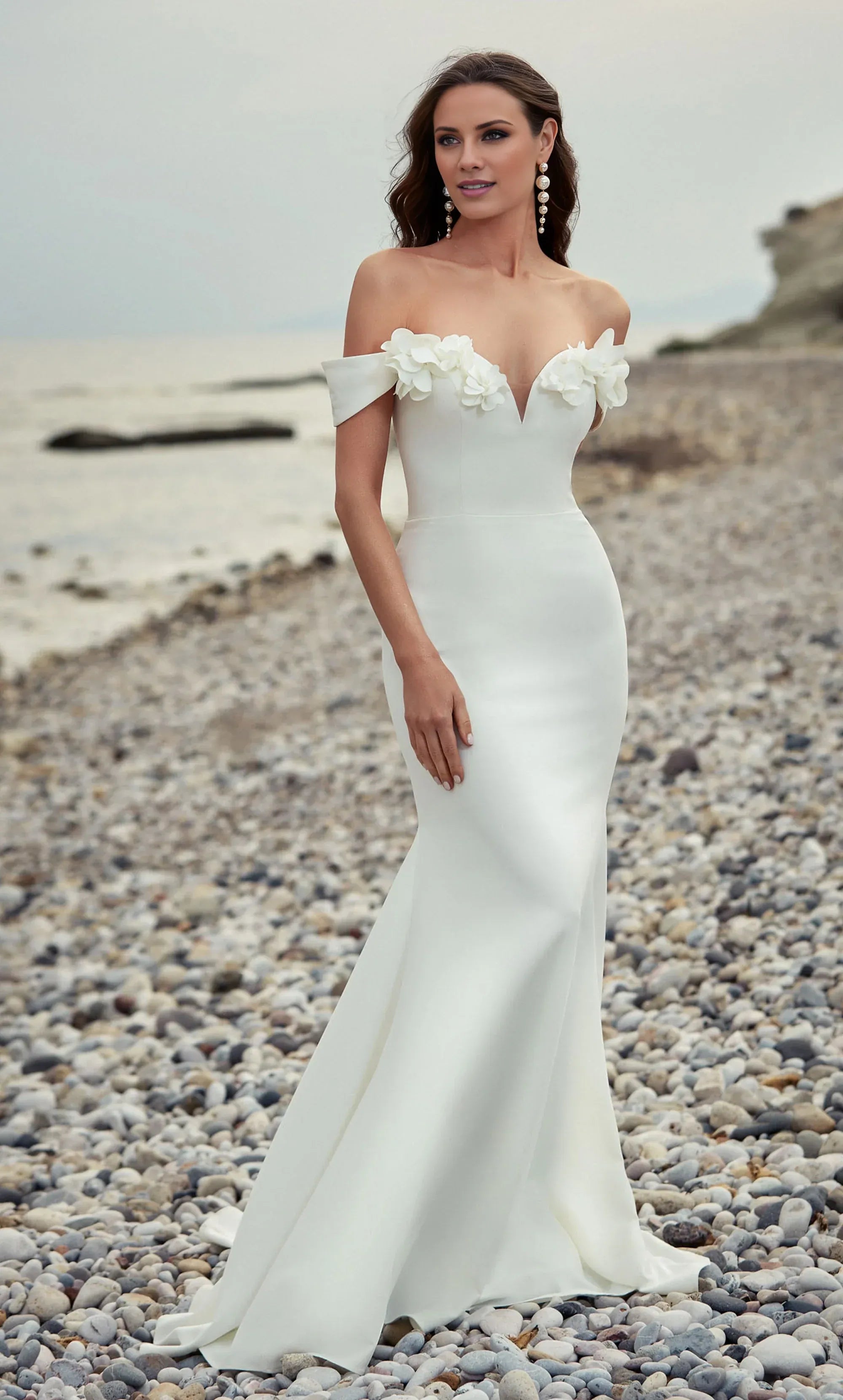 Elegant Satin Mermaid Off Shoulder Floral Appliqué Train Wedding Dress