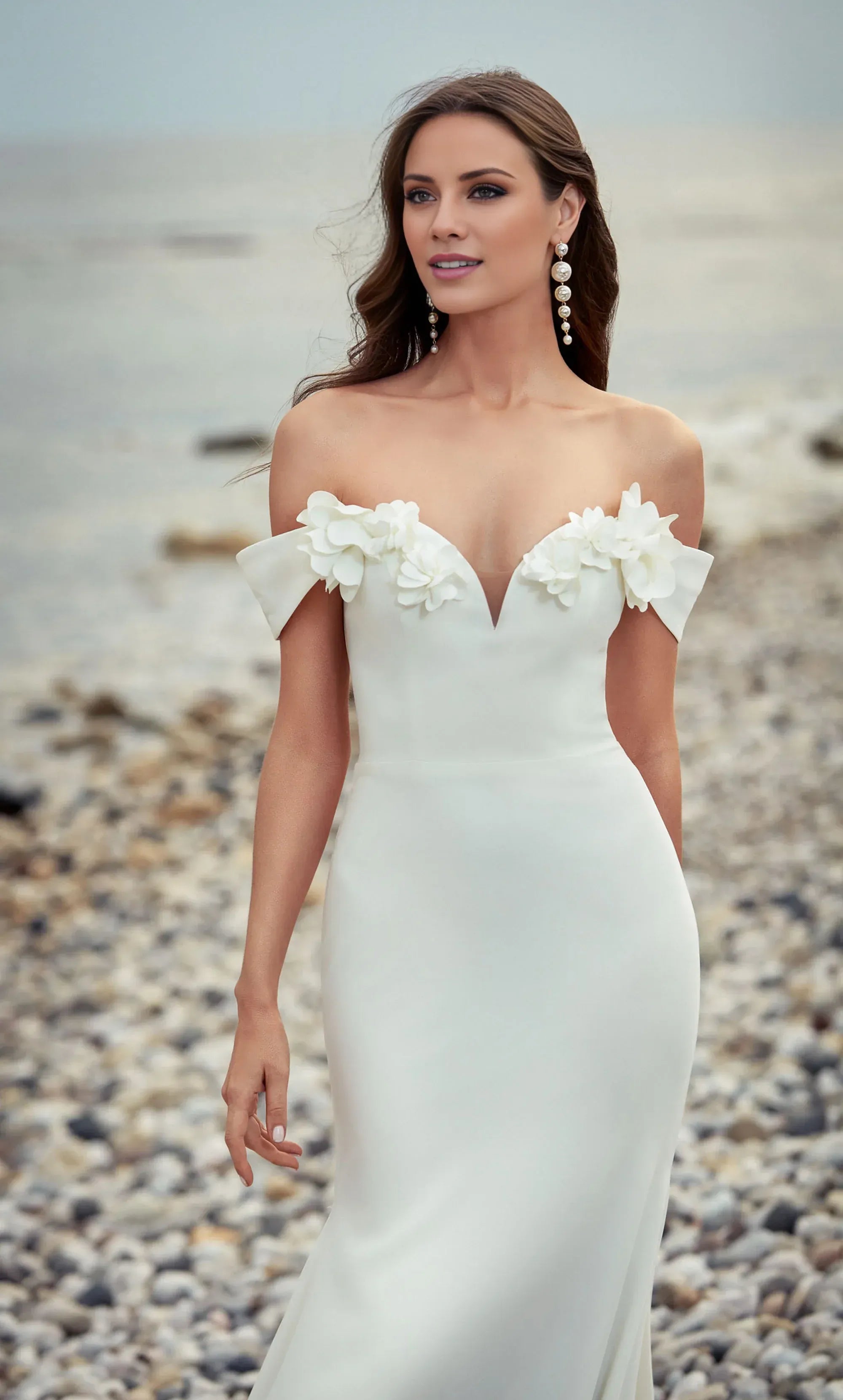 Elegant Satin Mermaid Off Shoulder Floral Appliqué Train Wedding Dress