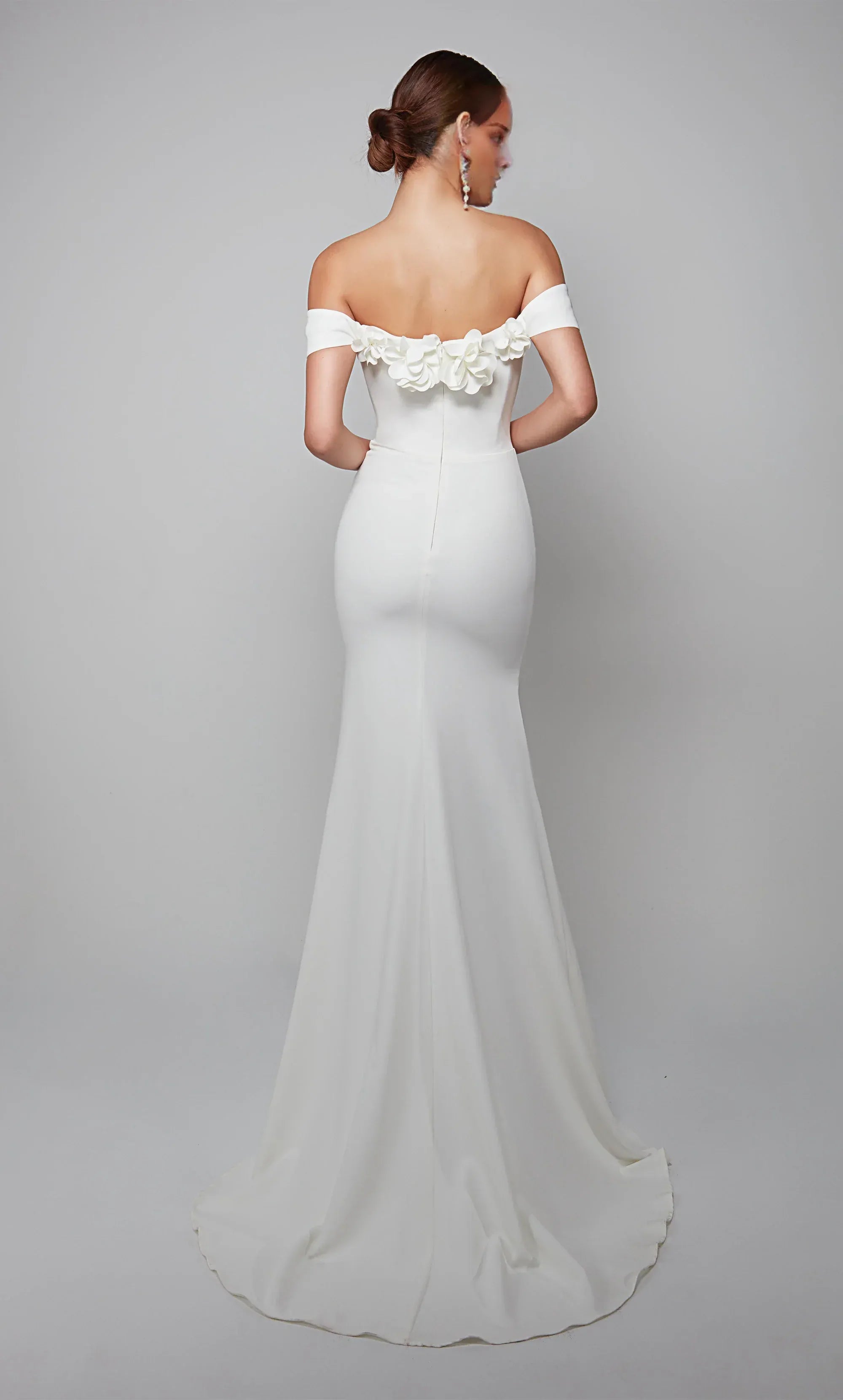 Elegant Satin Mermaid Off Shoulder Floral Appliqué Train Wedding Dress
