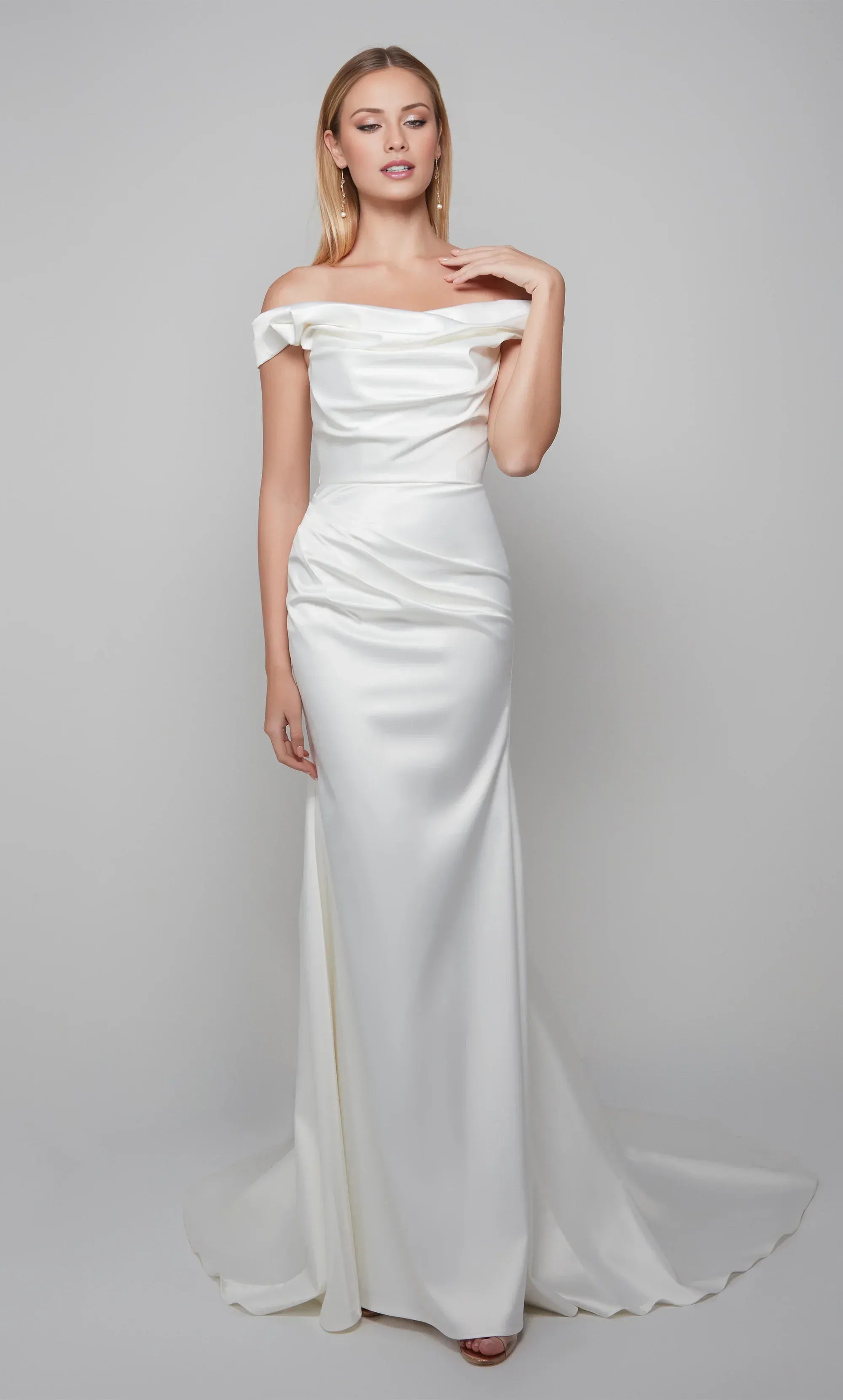 Elegant Satin Mermaid Off Shoulder Short Sleeve Ruched Train Wedding Dress