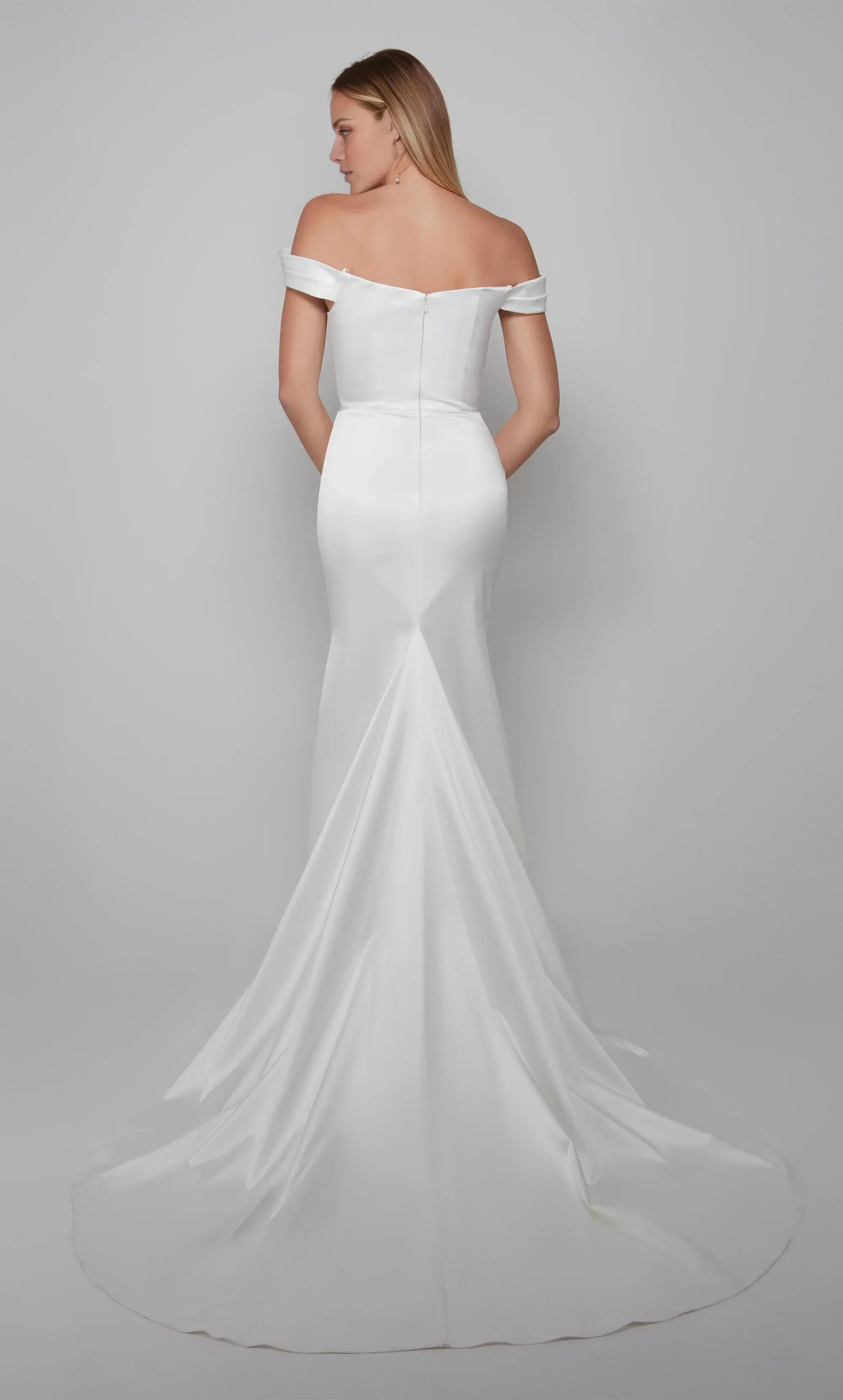 Elegant Satin Mermaid Off Shoulder Short Sleeve Ruched Train Wedding Dress