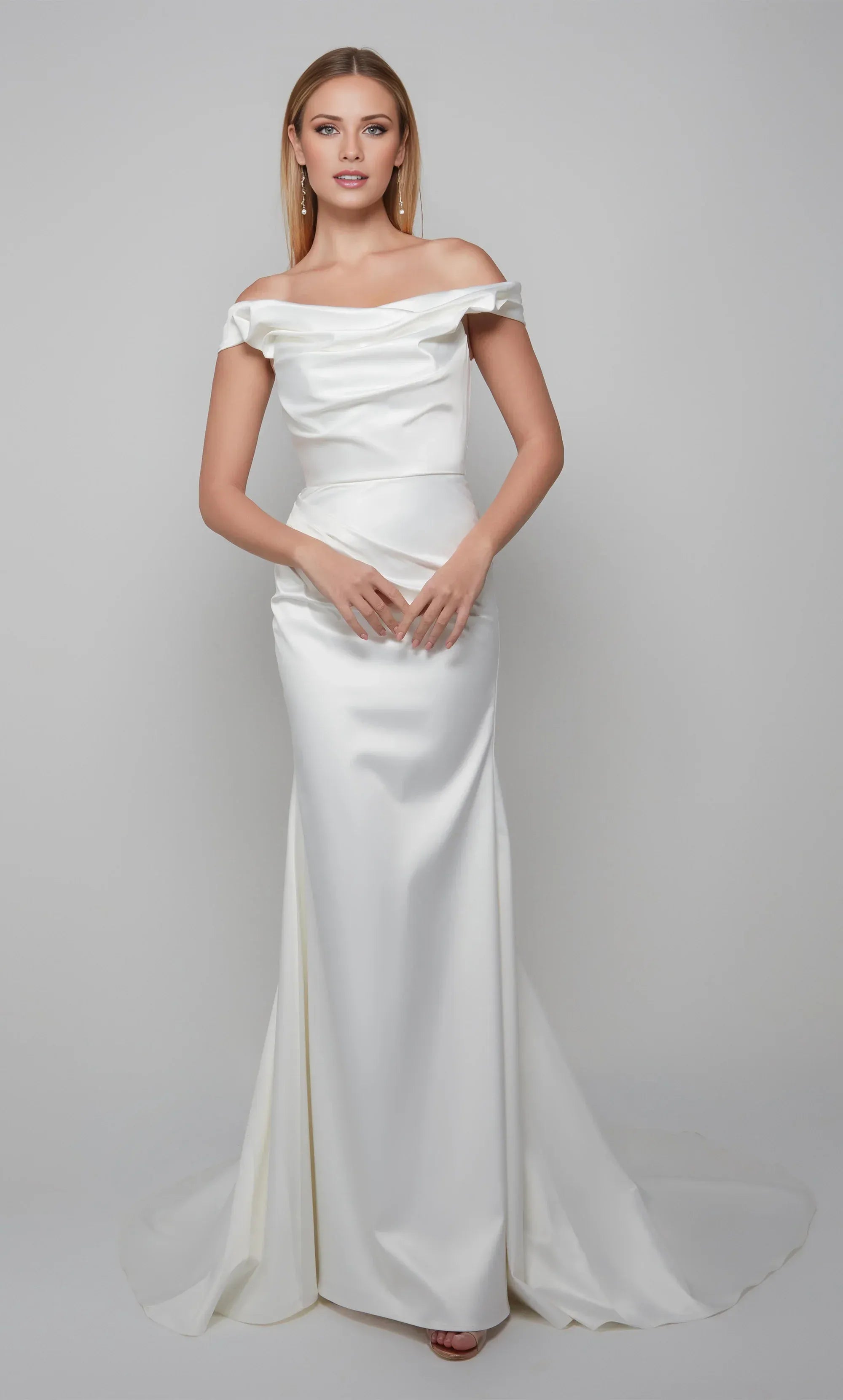 Elegant Satin Mermaid Off Shoulder Short Sleeve Ruched Train Wedding Dress