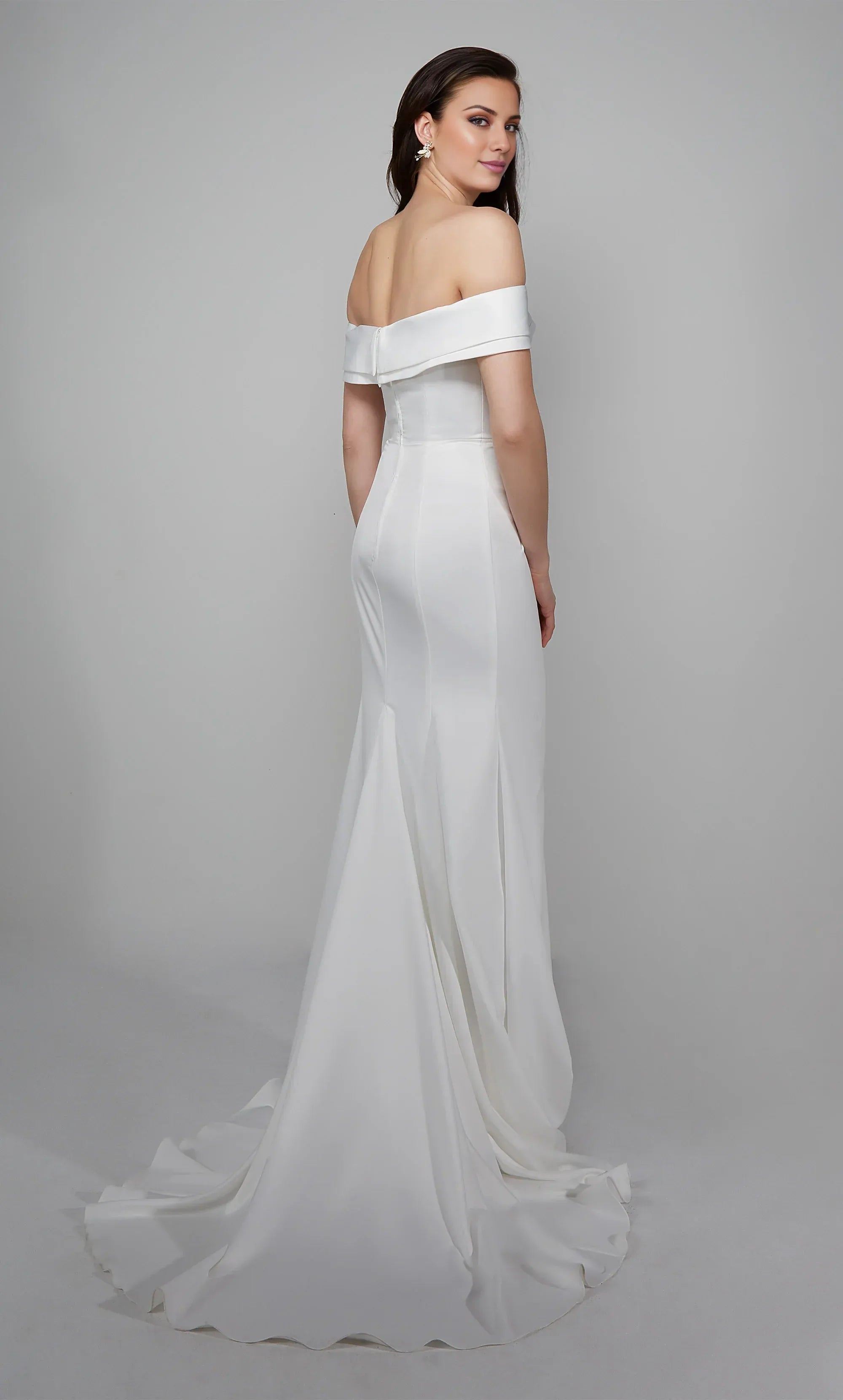 Elegant Satin Mermaid Off Shoulder V Neck Slit Train Wedding Dress