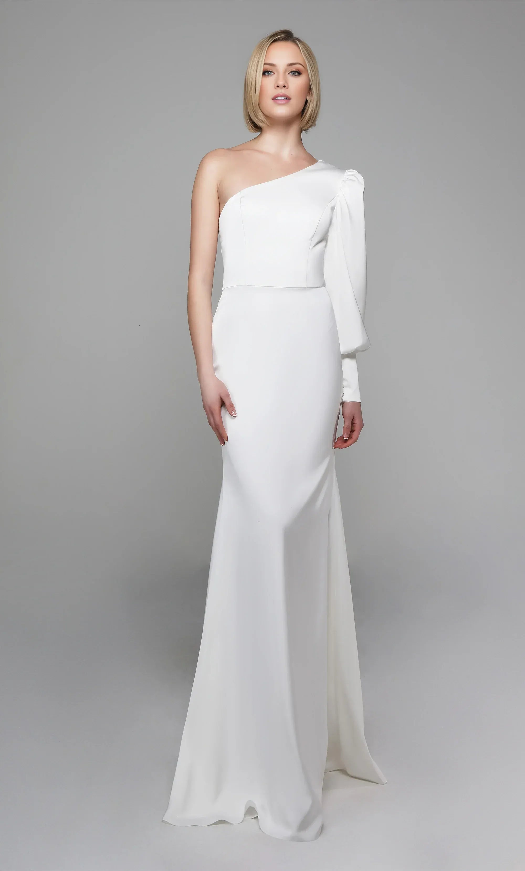 Elegant Satin Mermaid One Shoulder Puff Sleeve Floor Length Wedding Dress