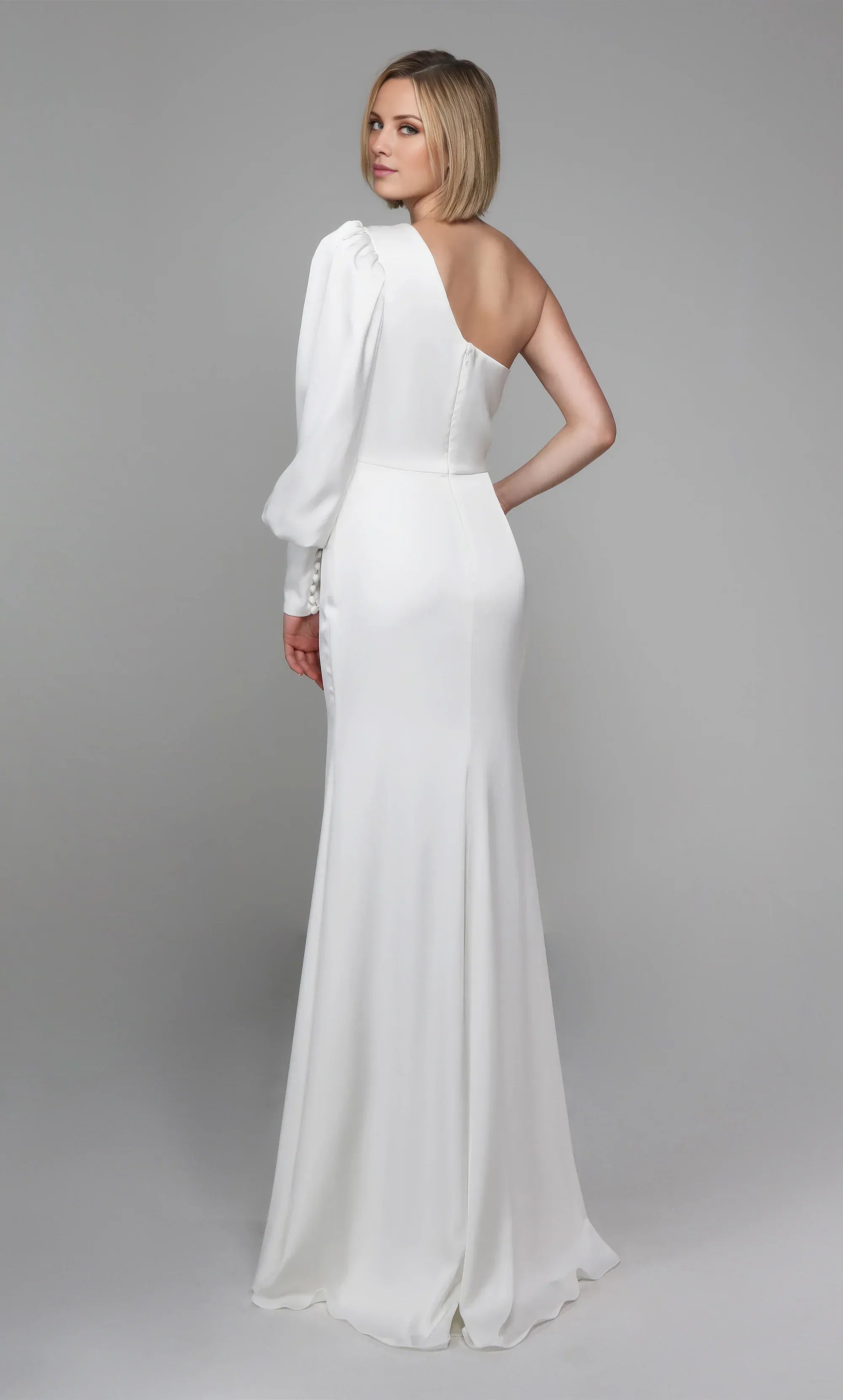 Elegant Satin Mermaid One Shoulder Puff Sleeve Floor Length Wedding Dress