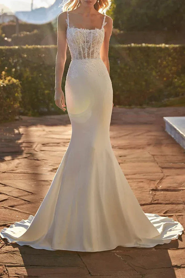 Elegant Square-Neck Spaghetti-Strap Mermaid Floor-Length Wedding Dress