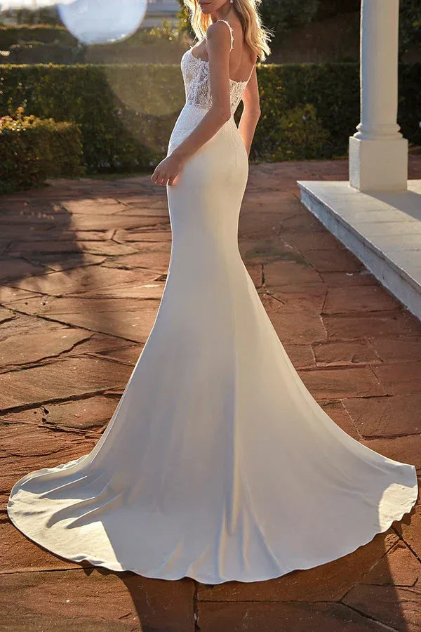 Elegant Square-Neck Spaghetti-Strap Mermaid Floor-Length Wedding Dress