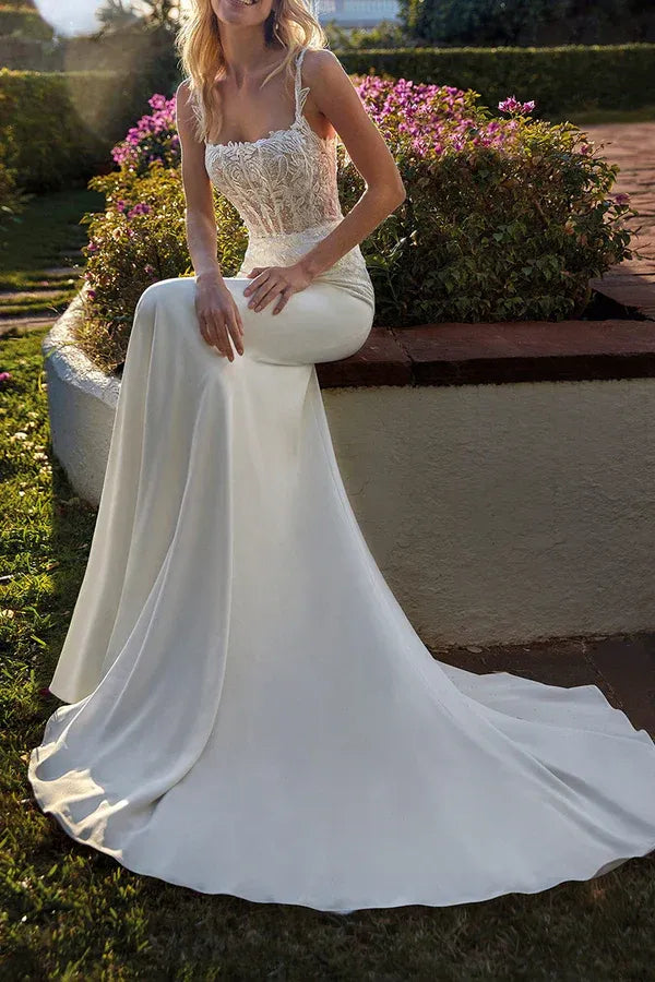 Elegant Square-Neck Spaghetti-Strap Mermaid Floor-Length Wedding Dress