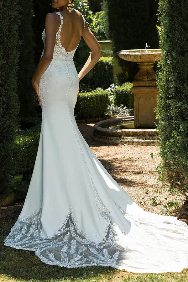 Elegant V-Neck Detachable-Sleeve Mermaid Floor-Length Wedding Dress