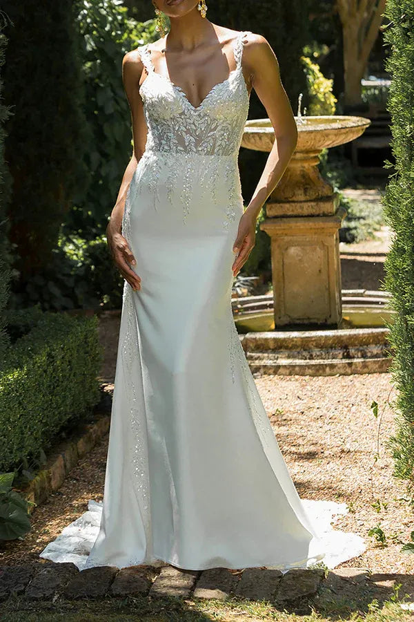 Elegant V-Neck Detachable-Sleeve Mermaid Floor-Length Wedding Dress